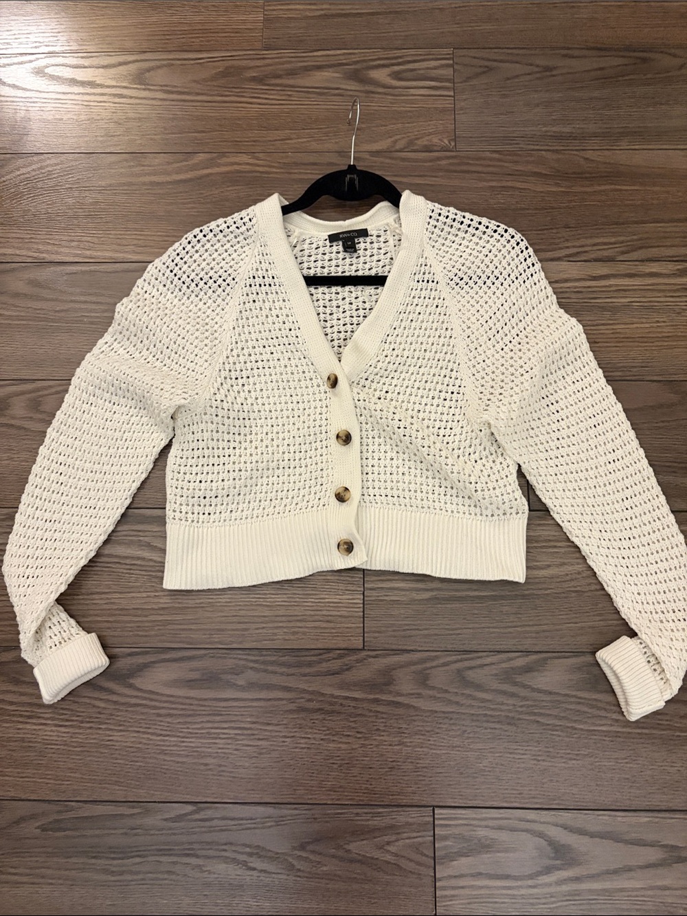 RW & co cotton crochet  Cream white Open-Knit Cropped Button Cardigan